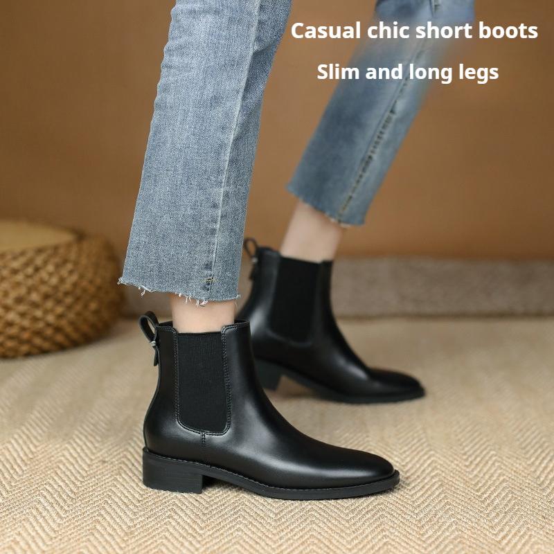 Women's Short Boots British Style Thick Heels Thick Sole Thin Spring and Autumn Single Boots