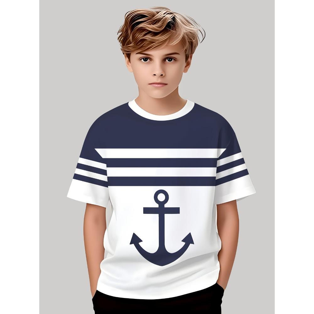 Boys and girls crew neck T-shirt, boys nautical anchor print T-shirt, crew neck short sleeves, 100