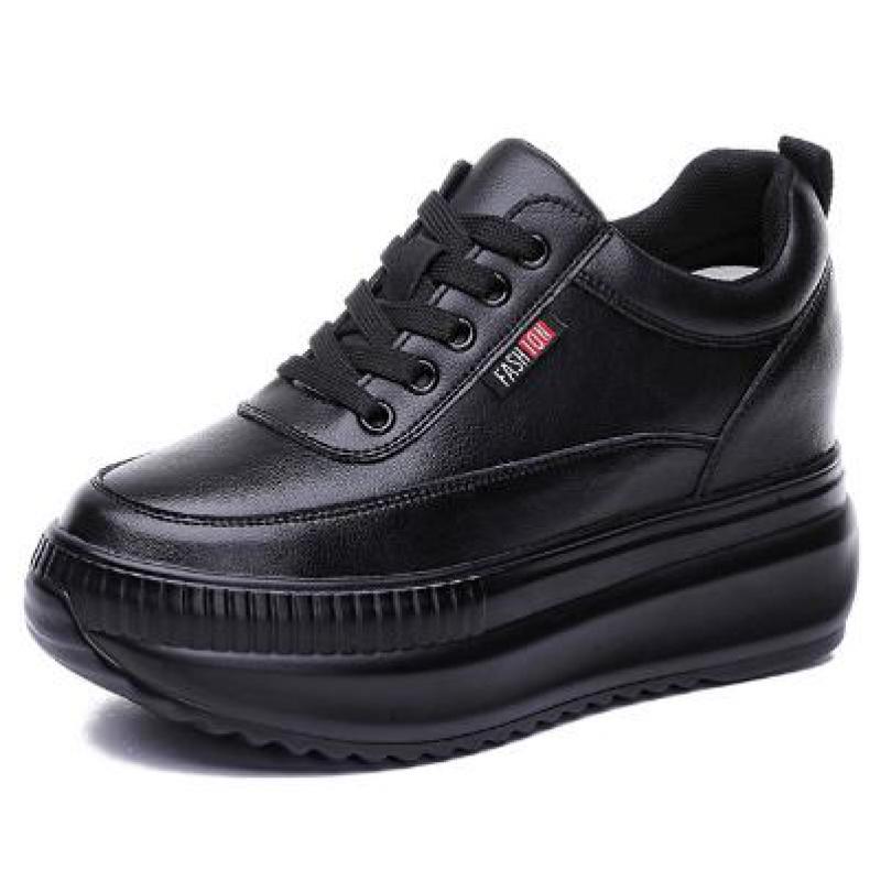 Black Leather Platform Sneakers Thick Sole Non-slip Chunky Shoes Women  New Autumn Winter Fashion Comfortable Casual Shoes