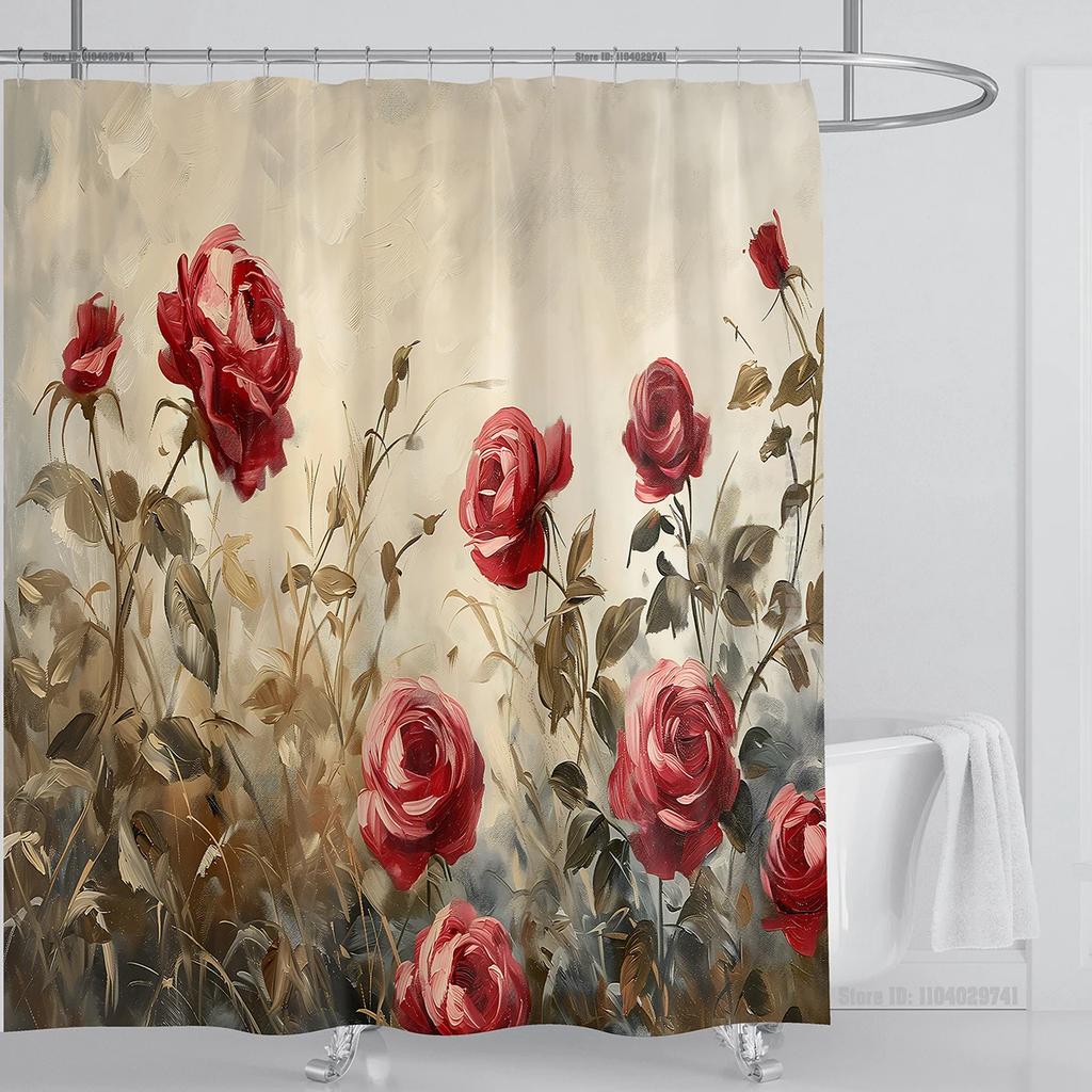 Rose Flower Shower Curtain Waterproof Shower Curtain Polyester Fabric 3D Printed Curtain Bathroom Decoration With Hook