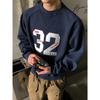 Herr Retro Lapptäcke Broderad Sporthuvtröja med Siffermärken - Lös Passform, Rund Hals, Mångsidig för Vår & Höst