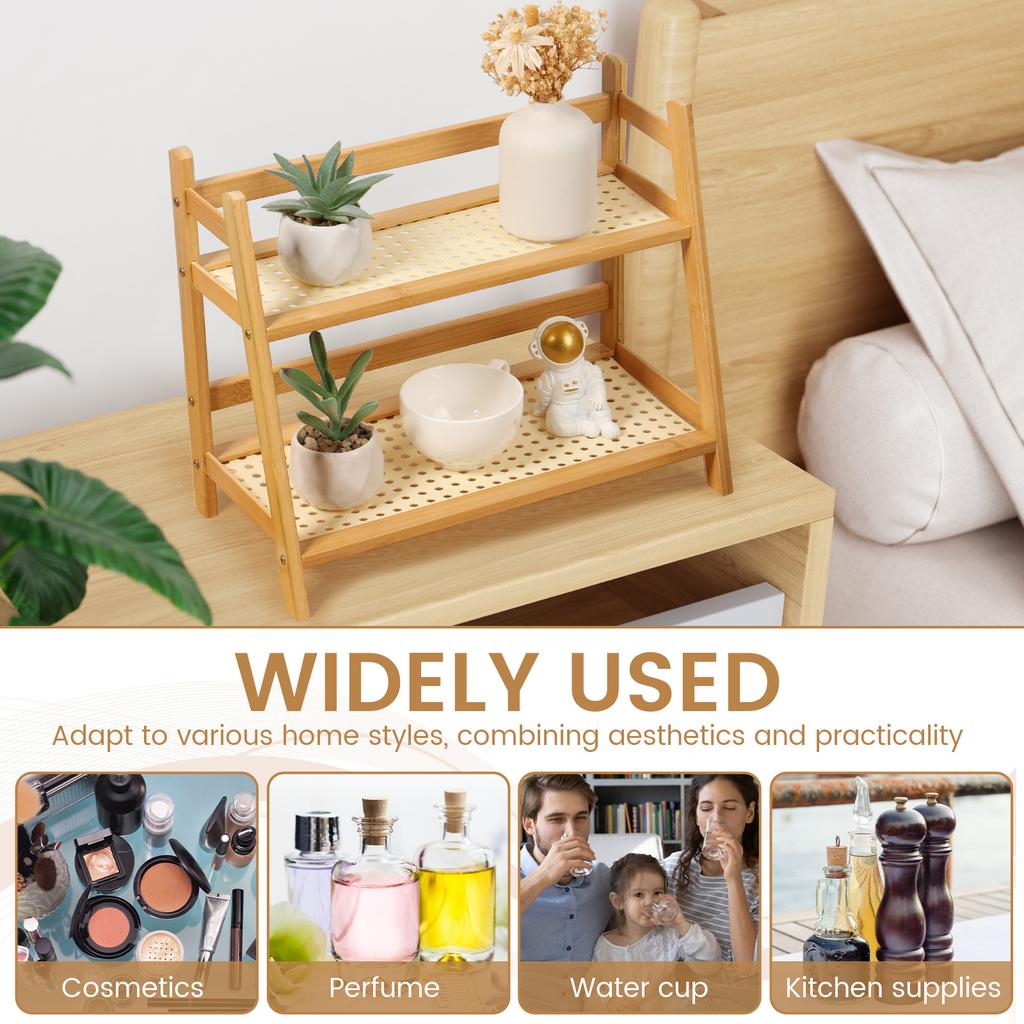 2-Layer Countertop Organizer Bamboo Coffee Cup Holder Multipurpose Condiment Grocery Storage Shelf for Home Kitchen Office