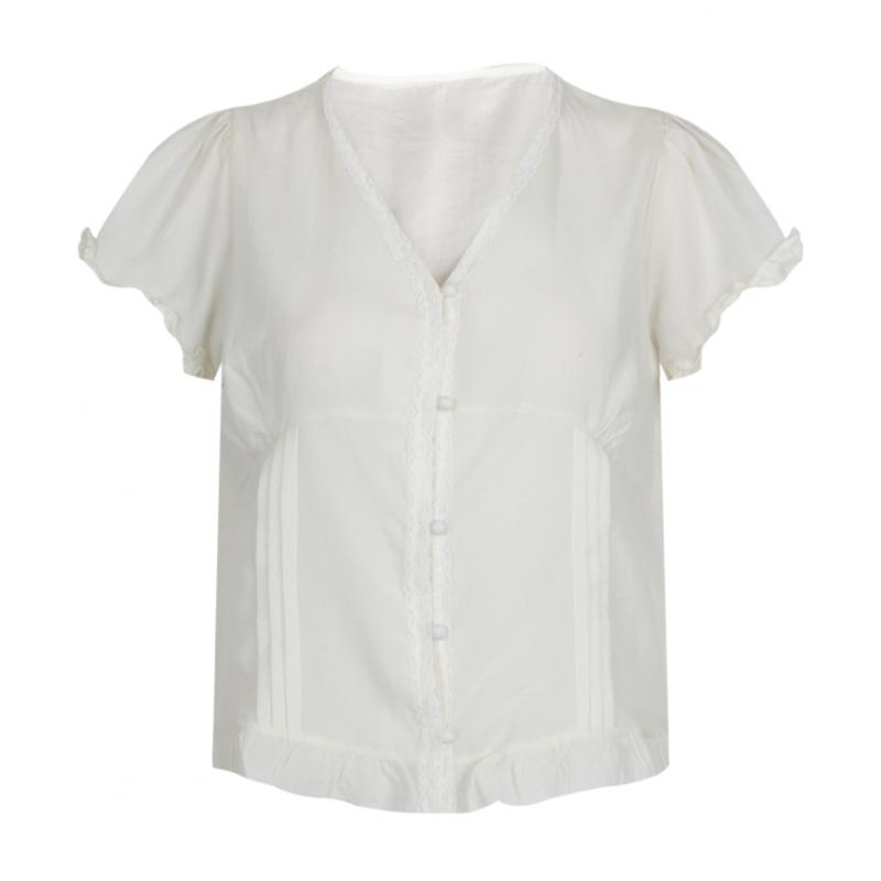 Shop Women V Neck Frill Lace Sheer Short sleeVe Summer Blouse naVy Fwb Wbl 213
