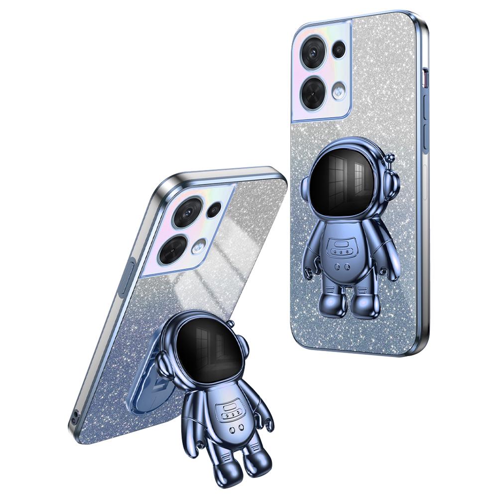 

For Oppo Reno8 5G (Global Version) Electroplating Phone Case Astronaut Kickstand PC+TPU Phone Cover Blue