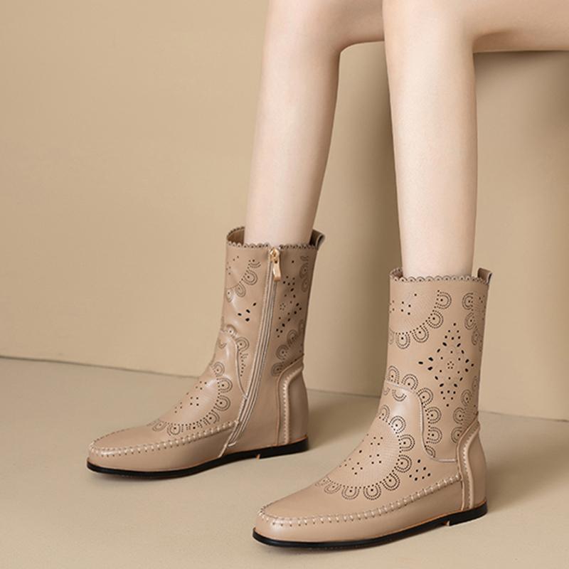 Fashion 2024 Autumn Women Boots Genuine Leather Women Shoes Round Toe Chunky Heel Winter Mic-calf Chelsea Western Boots Increase Height