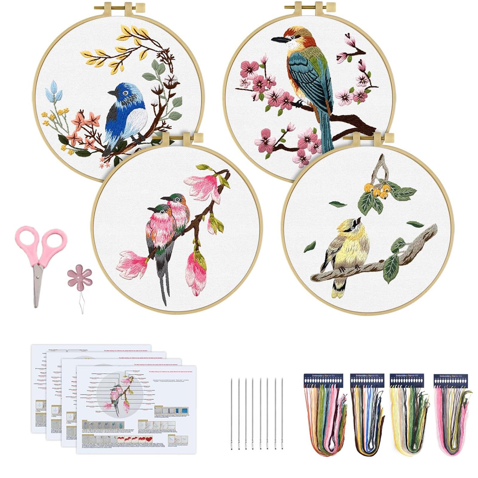 

4 Sets Embroidery Kit For Beginners, Art Craft Handy Sewing Set With Embroidery Clothes, Embroidery Hoops, Instructions, Color Threads Needle Kit With a 20cm Hoop#1