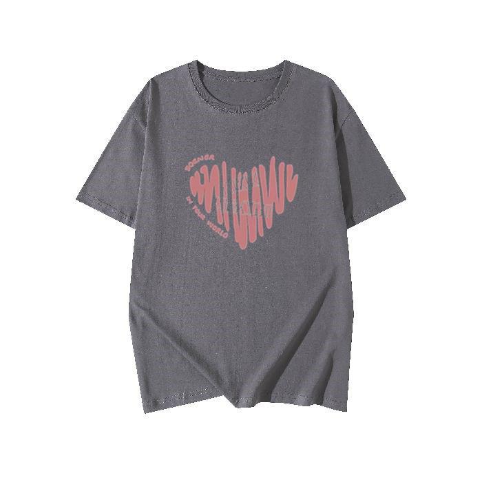 Plus Size Cotton T-Shirt - Women's Summer Short Sleeve Pink Heart Mid-Length Loose European Style