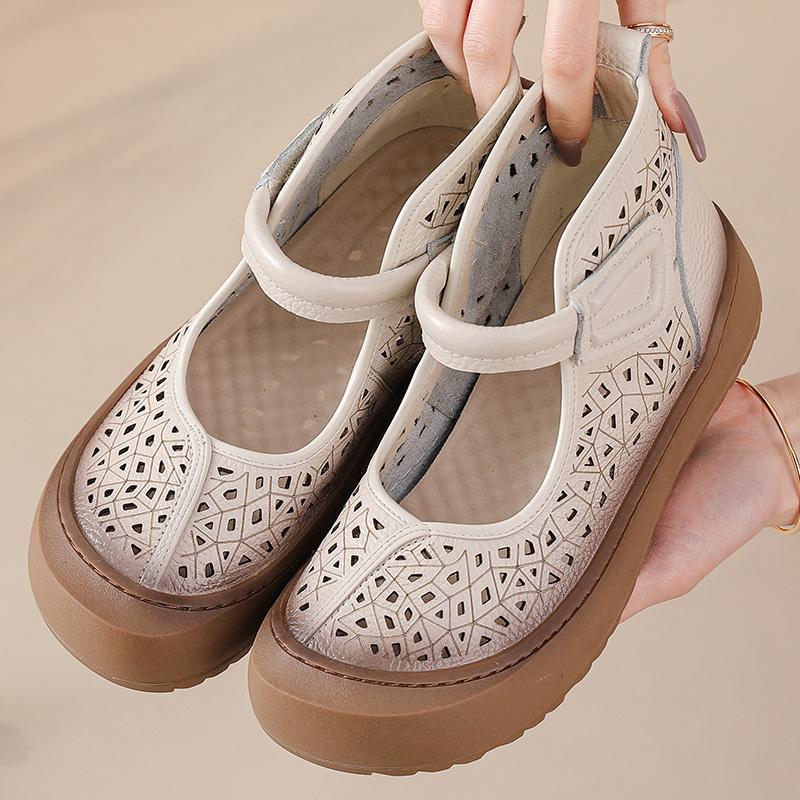 Summer Genuine Leather Sandals Women'S Cutout Ankle Boots Ladies Chic Dressy Shoes Staps Woman Hollow Bootie Mary Jane Sandals