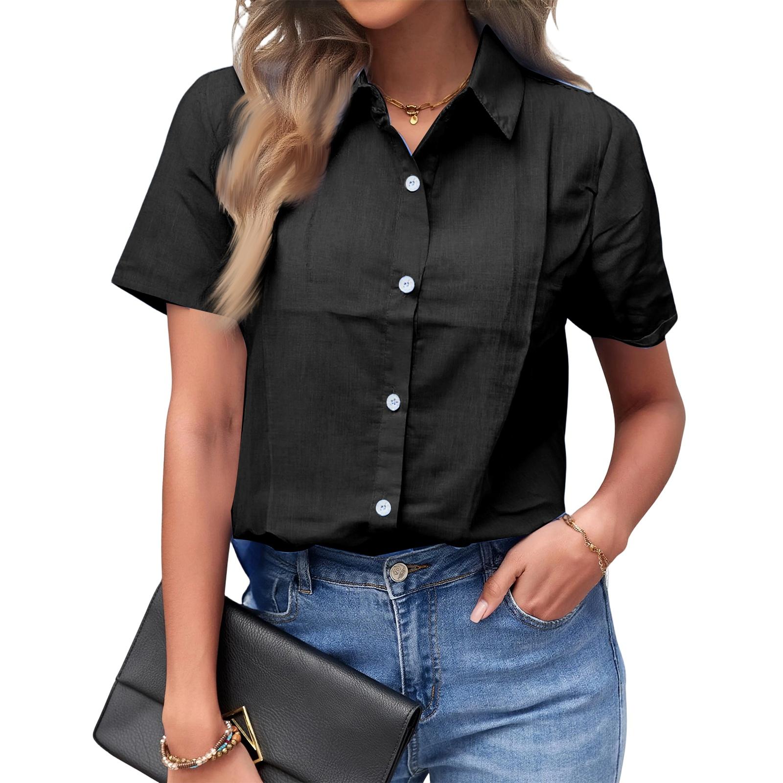 Женская однотонная универсальная классическая рубашка с коротким рукавом L чёрный