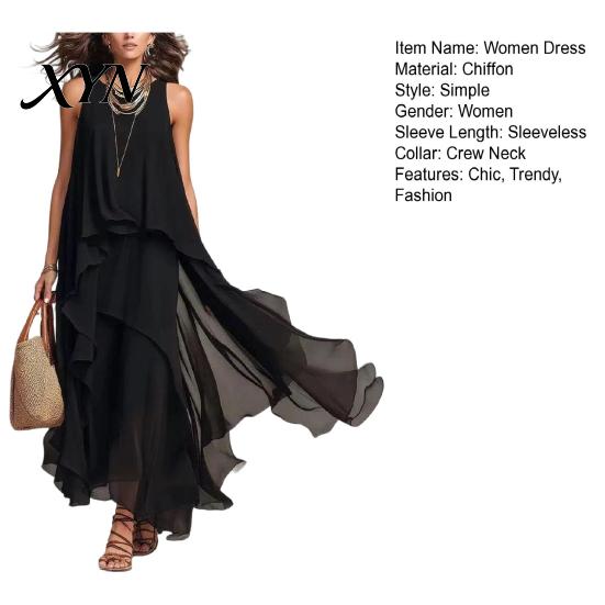Fat Hiding Loose Dress Women's Flowy Chiffon Dress, Sleeveless Crew Neck Asymmetrical Hem Plus Size Women Long Summer Layered Cocktail Wedding