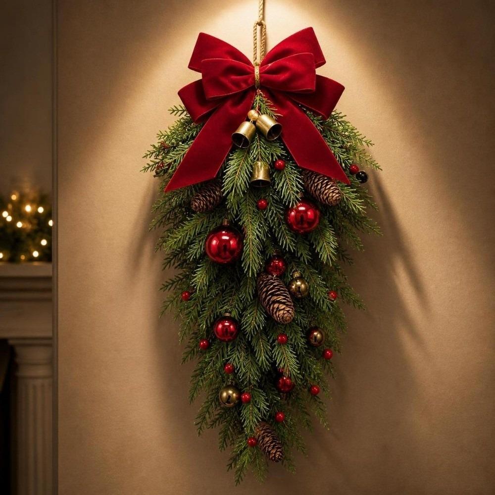 Teardrop Shape Christmas Swag Flexible Bendable With Bells Artificial Pine Garland With Pine Cones With Bowknot Teardrop Wreath