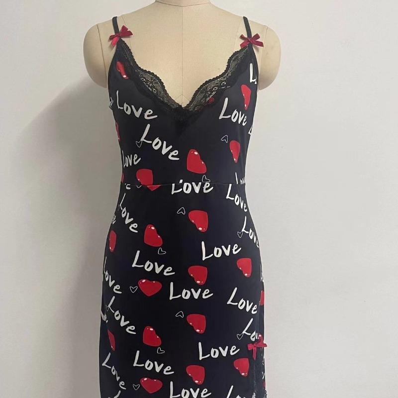 Women Sleepwear Nightgown Sexy Lingerie Love Printed Halter Backless Mini Dress Casual Pajamas Sleepshirts Nighties