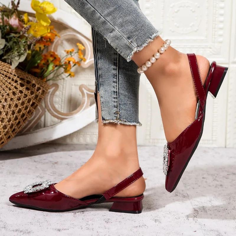 Fashion Black Heeled Sandals Clear Shoes 2025 Women's Black Rhinestone Medium Pointed Closed New Spring Gladiator Girls