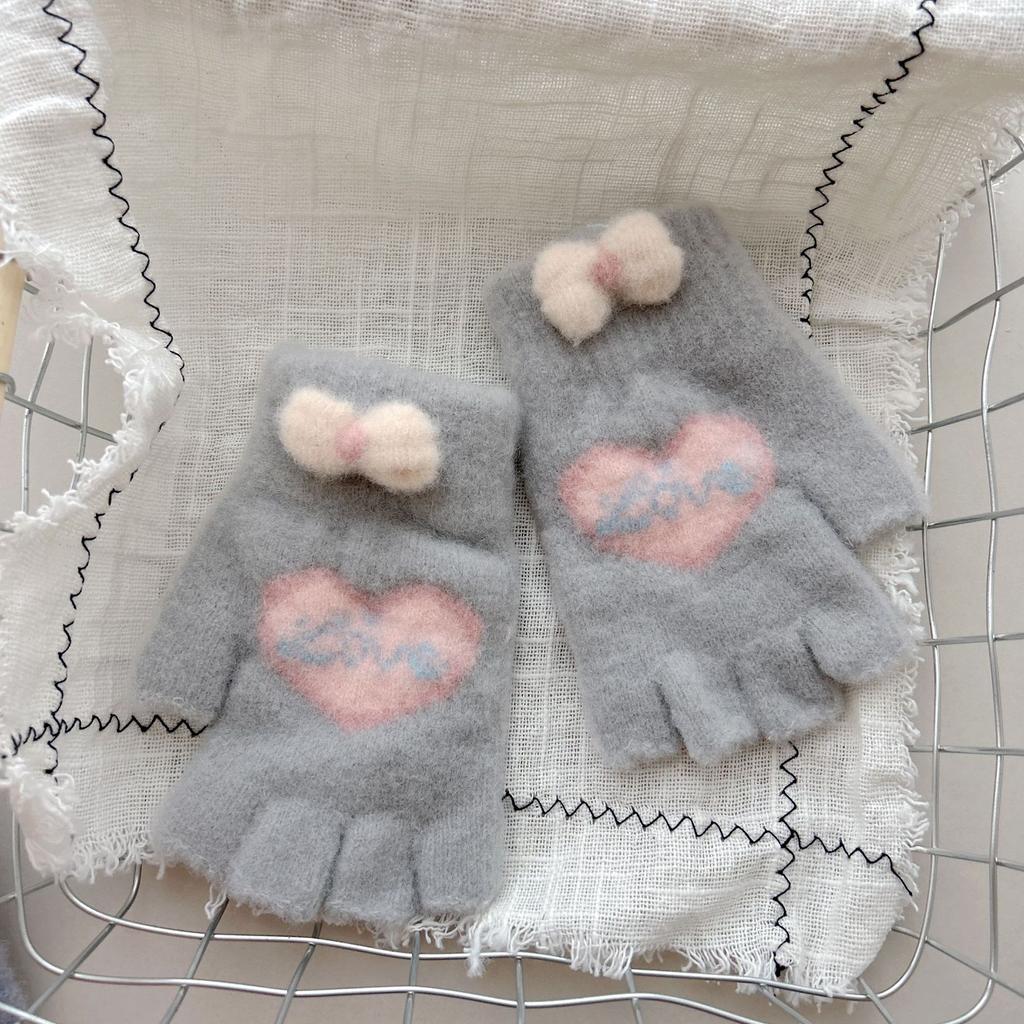 New Style Women's Half Finger Big Children's Warm Five Finger Split Finger Writing Love Bow Cute Knitted Gloves