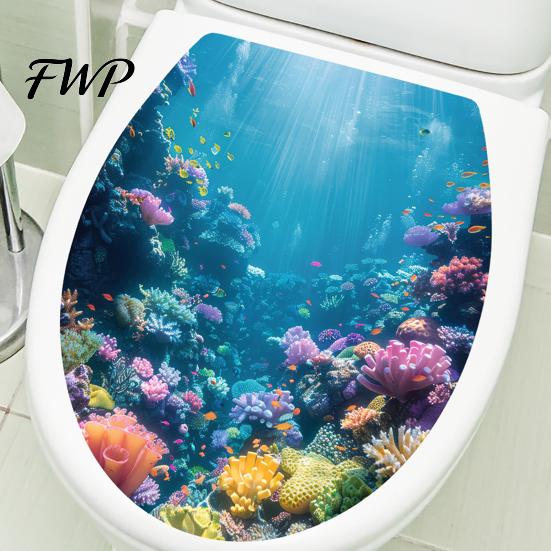 Einfach abziehbar und aufklebbar Wandaufkleber Meereswelt Toilettenaufkleber, & Toilettendeckel Badezimmer-Aufkleber, Meereslandschaft für Toilette Heimdekoration Ohne Rückstände