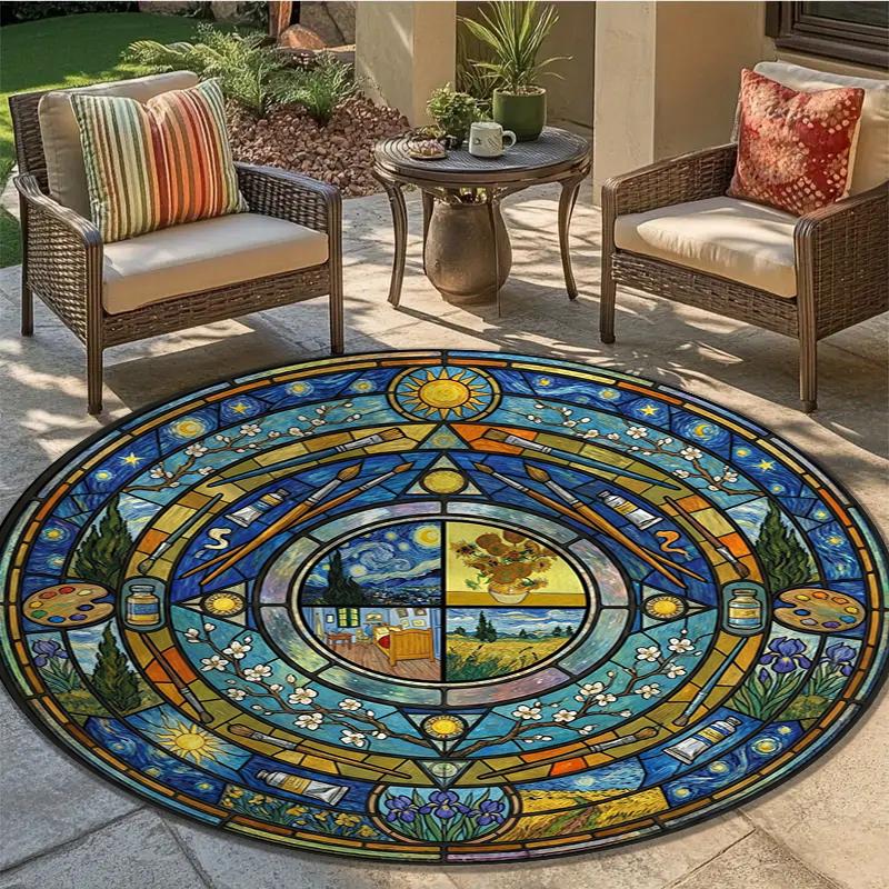 Mandala Famous Painting Round Area Rug,Carpet Rug for Living Room Bedroom Sofa Playroom Decor,Non-slip Floor Mat Q0024