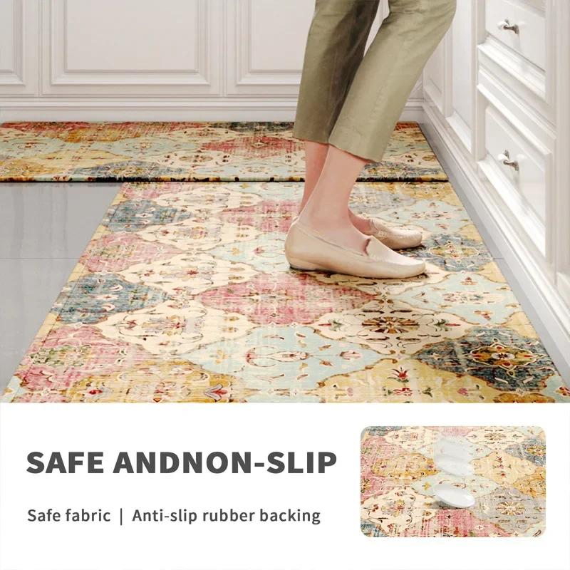 Bamboo Cotton Retro Kitchen Floor Mat Absorbs Water and Oil and Scrubbing Long Kitchen Rug Wear-resistant Non-slip Door Mat