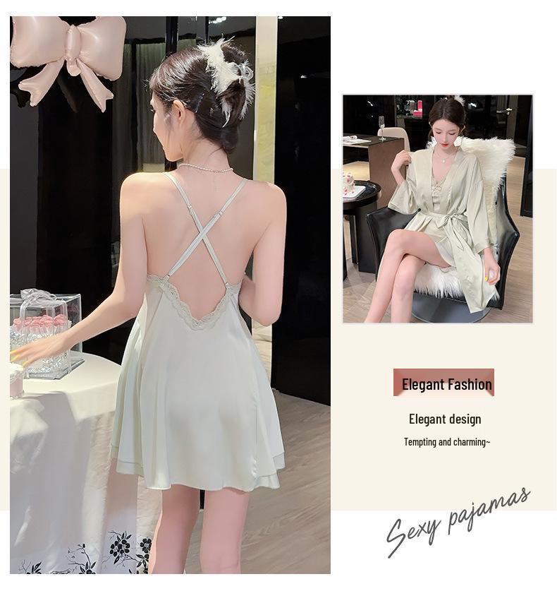 Women's Ice Silk Lace Trim Camisole Nightgown Two-Piece Set with Breast Pads for Spring & Autumn