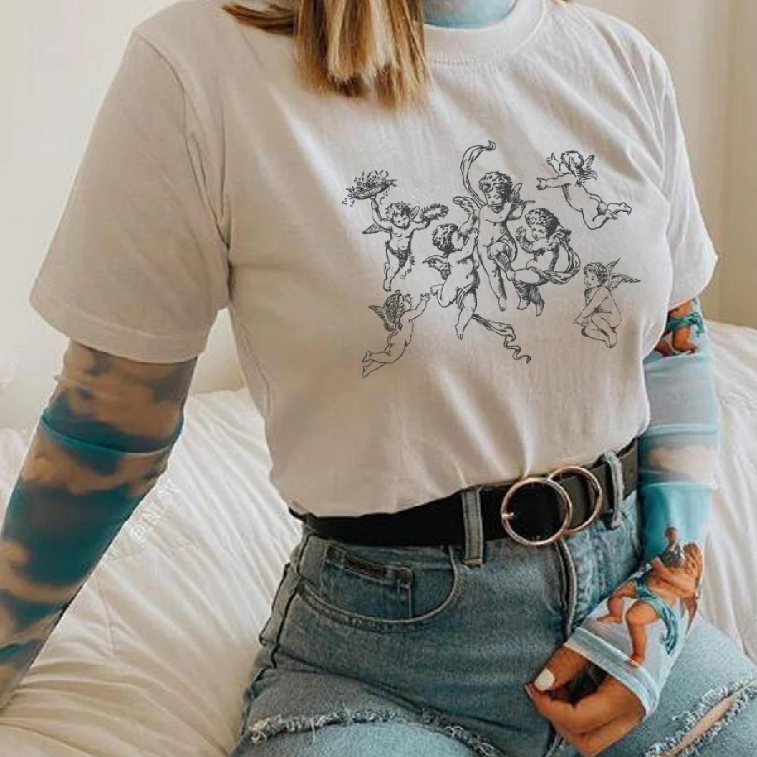 

6013Angel Print Vintage Fashion T-Shirt Summer Cute Aesthetic Graphic Tees Female Short Sleeve Streetwear Tops Grunge Clothes XXXXXL білий