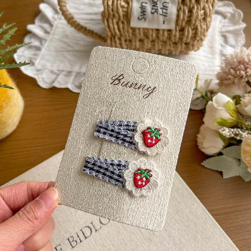 2pcs Plaid Strawberry Cherry BB Clip Fabric Bangs Side Clip Barrettes Headwear Girl Hairpin Hair Clip Children Hair Accessories