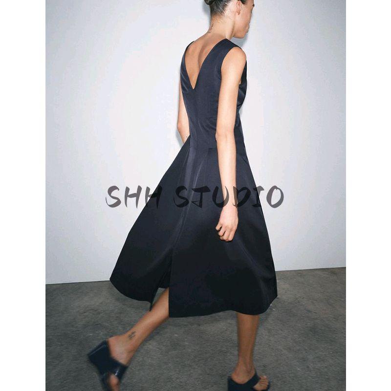 Spring and Summer New Women clothes Cotton Blended A- line Hem Zipper Ornament V-neck Midi Dress 9479051