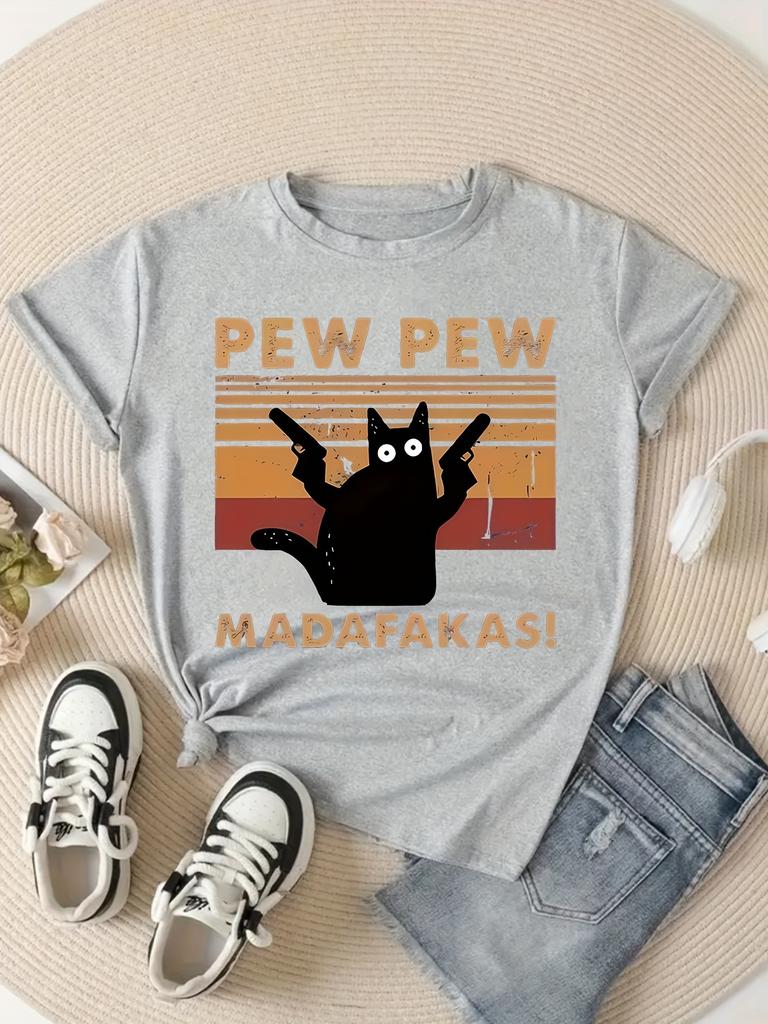 Women's Playful Black Cat "Pew Pew" Graphic T-Shirt - Casual Round Neck Short Sleeve Polyester Machine Washable