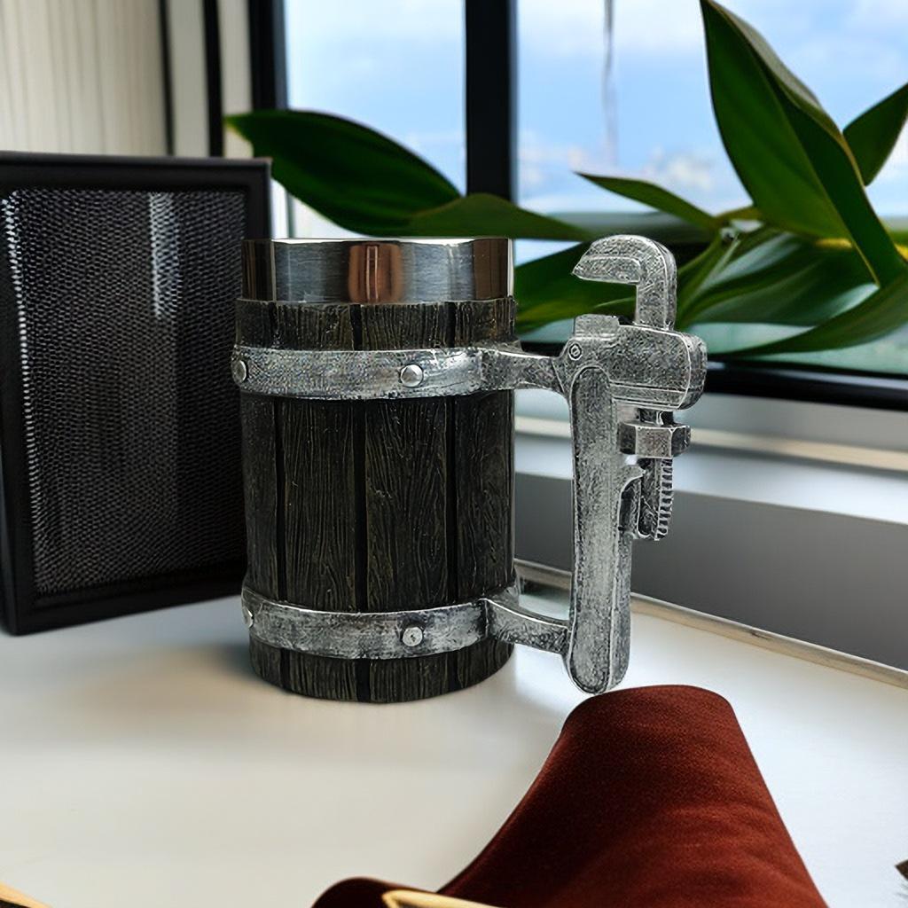 Creative Handmade Wooden Barrel-Style Stainless Steel Beer Mug, Large Capacity
