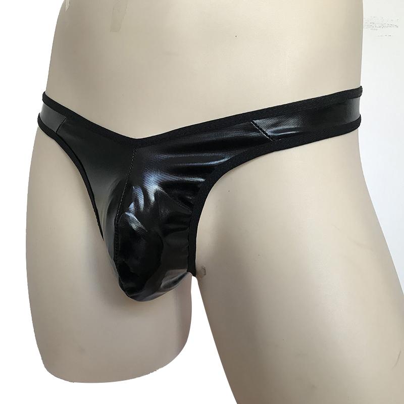 1pc Black Men's Faux Leather Sexy Briefs Thongs T-Back G-Strings Low Waist U-convex Pouch Panties Man Underwear Clubwear