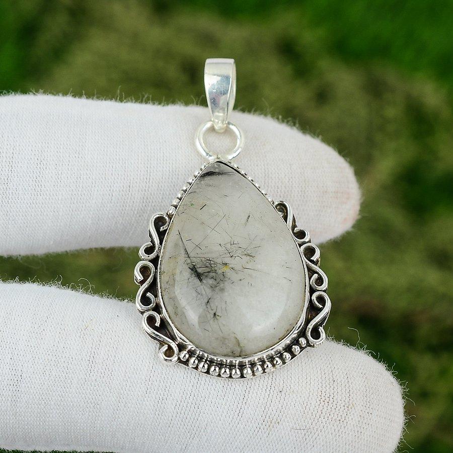 Pear Black Rutile Stone 925 Sterling Silver Birthday Engagement Bezel Pendant