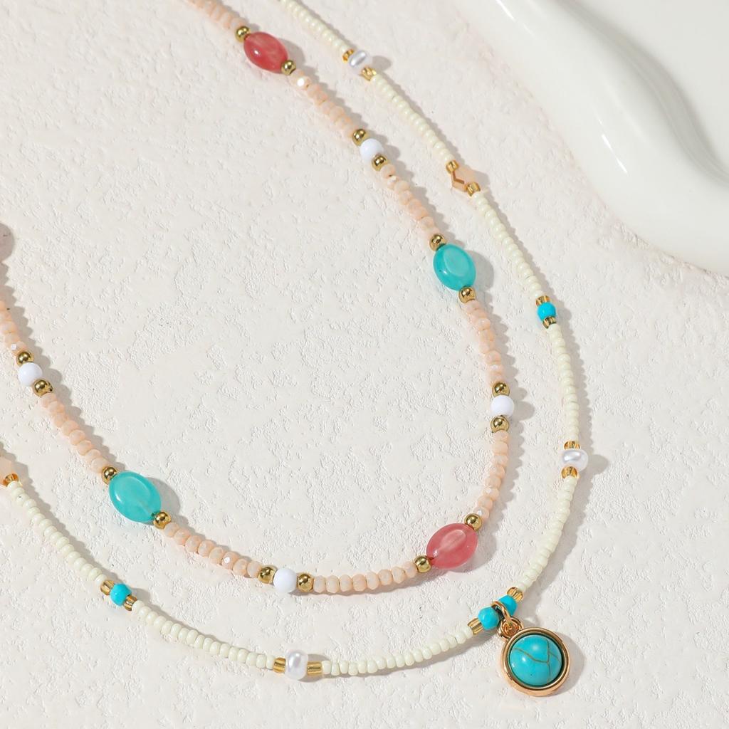 European, American Bohemian elegant temperament imitation turquoise rice bead necklace retro exquisite versatile imitation crystal necklace
