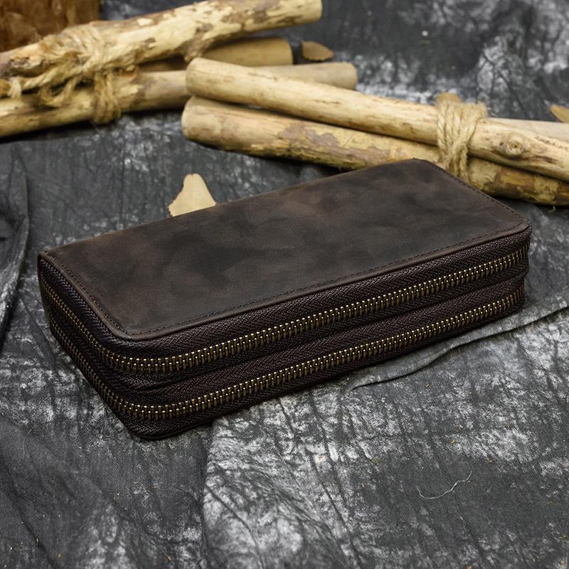 Retro Crazy Horse Leather Purse for Men Clutch Purse Double Zipper 24 Cards Clutches Vintage Woman Genuine Leather Long Wallet