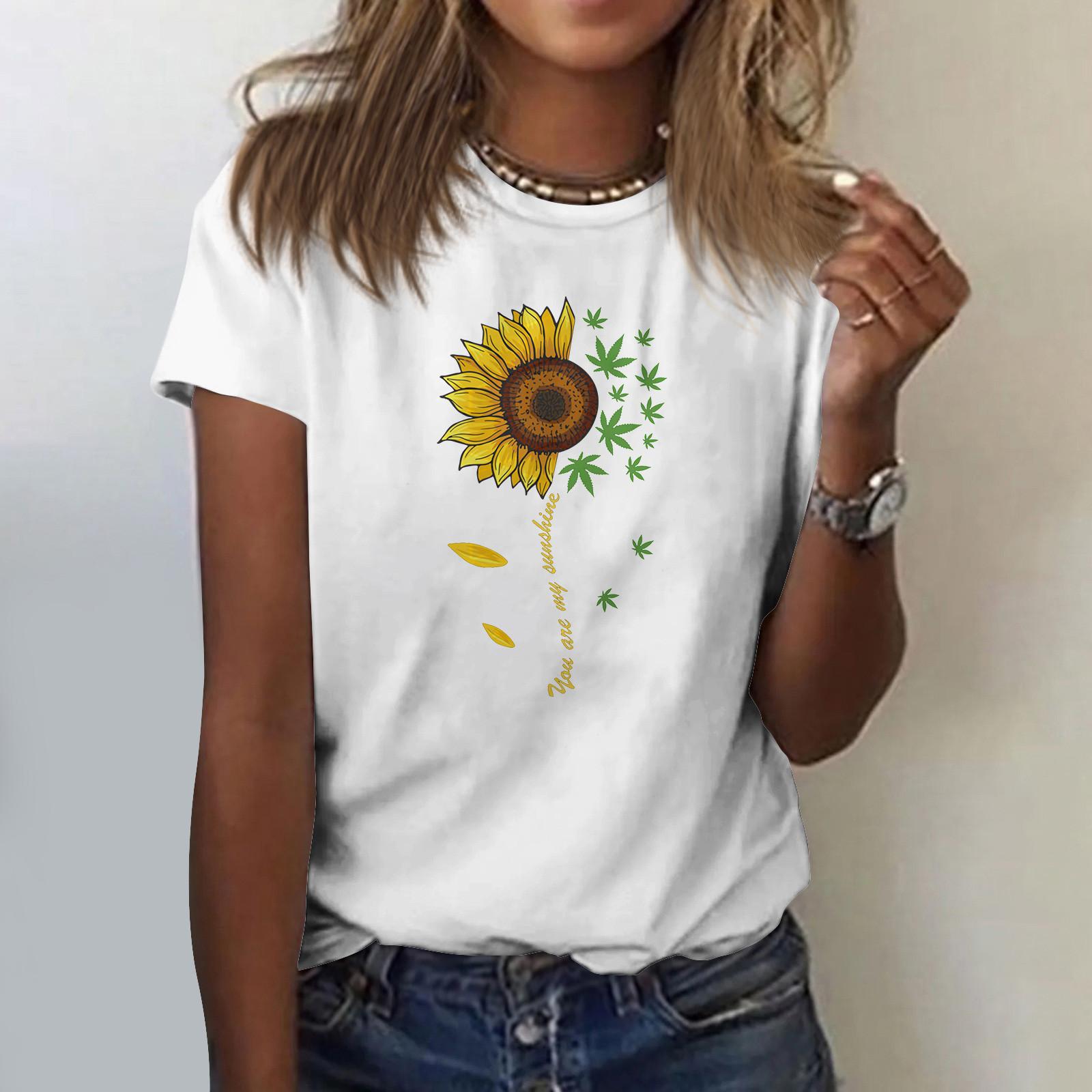 

Женская рубашка с милым принтом подсолнуха и коротким рукавом, круглым вырезом и передним плечом, винтажная летняя свободная рубашка с короткими рукавами, топ L белый