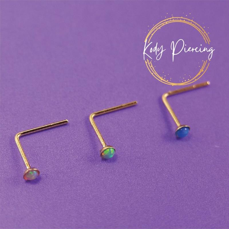 KODY PIERCING 9K Gold 3-teiliges Set L-Stab mit 1,5 mm in grünen, rosa, lila Opalen