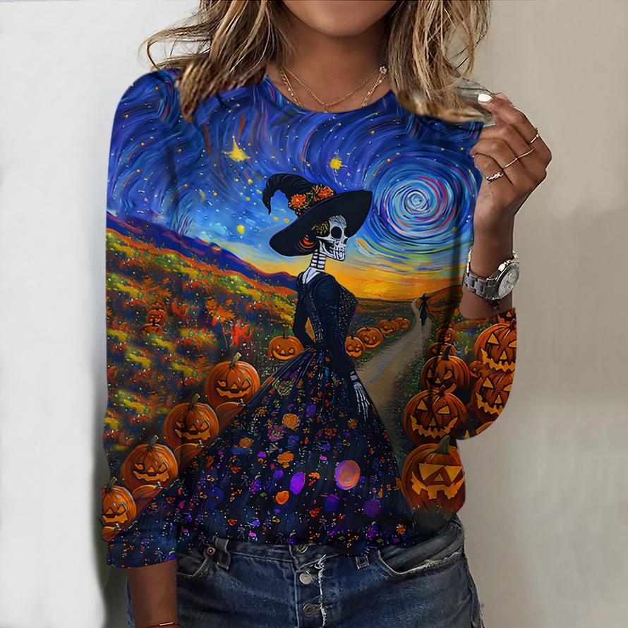 

Женский новый повседневный топ с круглым вырезом и длинными рукавами Осень-Зима 2025 с 3D-паттерном на Хэллоуин. Идеальный подарок на Хэллоуин и Рождество 8XL синий