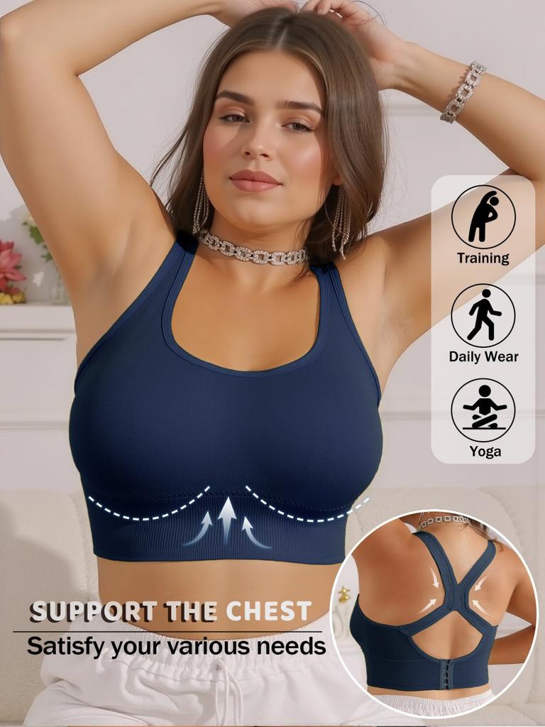 Plus Size Racerback Sports Bra for Women, High Support Wireless Workout Bra with Back Closure, Seamless Yoga Bra
