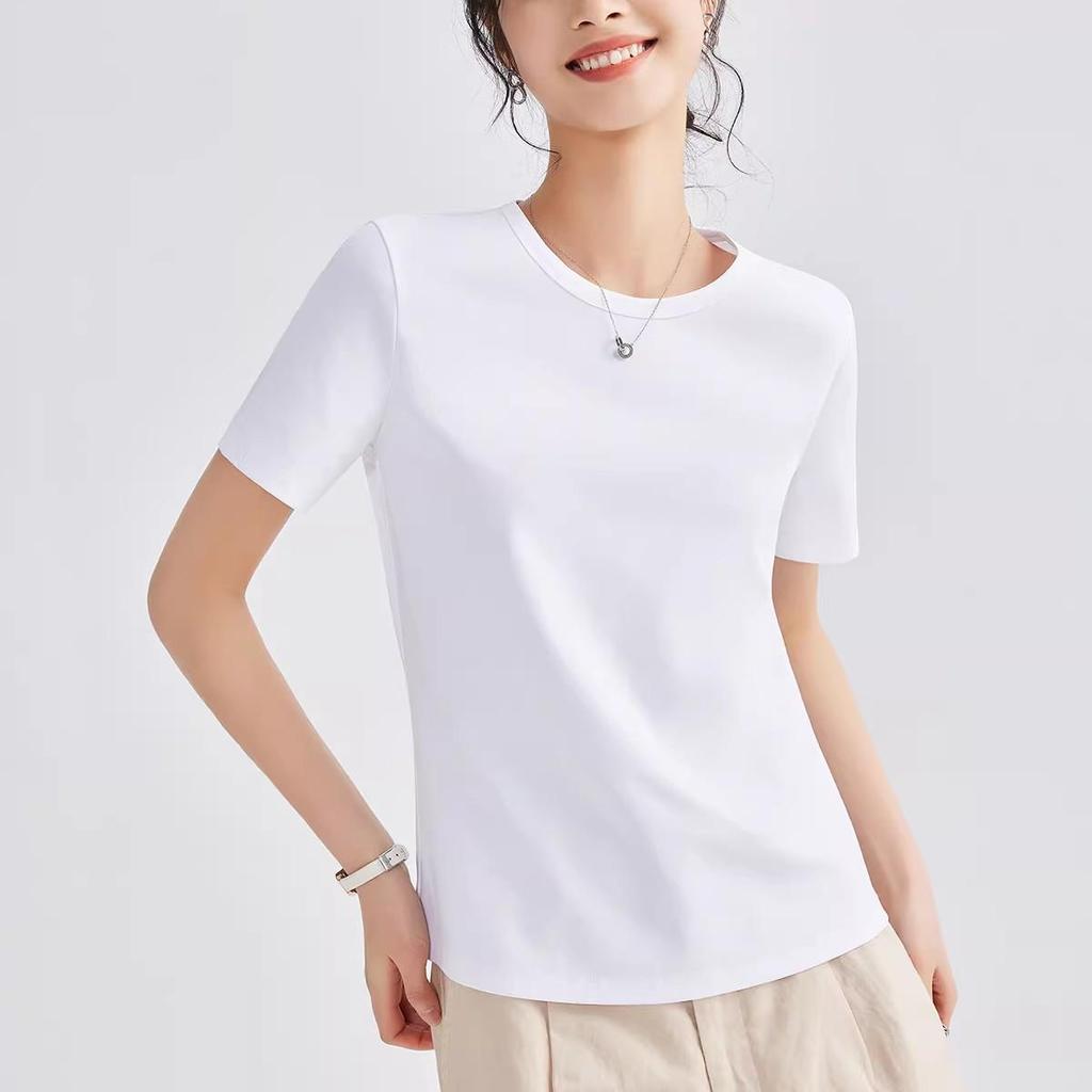 Women's Double-Sided Mercerized Cotton Slimming T-Shirt: Cool, Breathable, Plus Size, Regular Shoulder, Round Neck, Short Sleeve, Summer Wear.