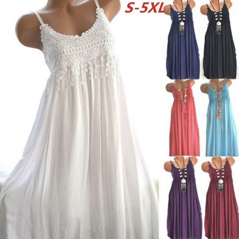 Elegant Women Summer Crew Neck Sleeveless Tank Maxi Dress With Lace Detail
