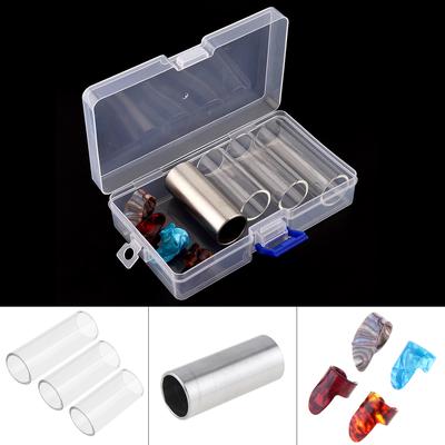 Kit di plettri per chitarra 8 pz/lotto 1 acciaio inossidabile 3 vetrini in vetro e 1 pollice 3 plettri per dita con scatola