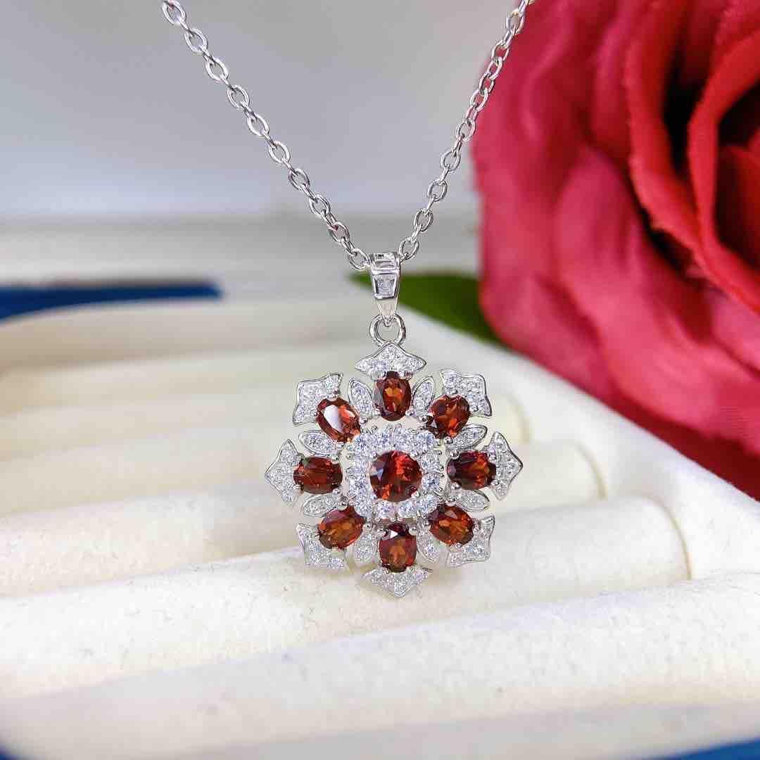 Natural Wine Red Garnet Pendant Necklace for Women - 925 Silver Jewelry 925 Silver