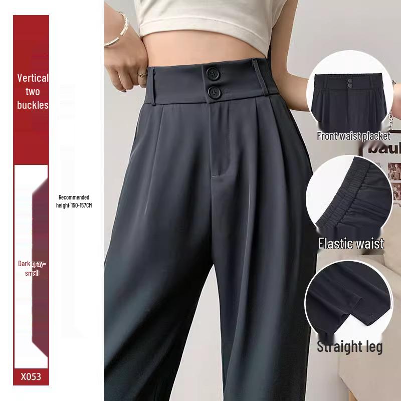 Damskie spodnie garniturowe z wysokim stanem, czarne - Kolekcja Lato 2025, Petite szerokie nogawki, drapowane proste spodnie
