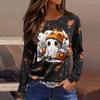 Women's Fashion Long Sleeve Tunic Top with Halloween Print and Side Slits - Round Neck Blouse for Party