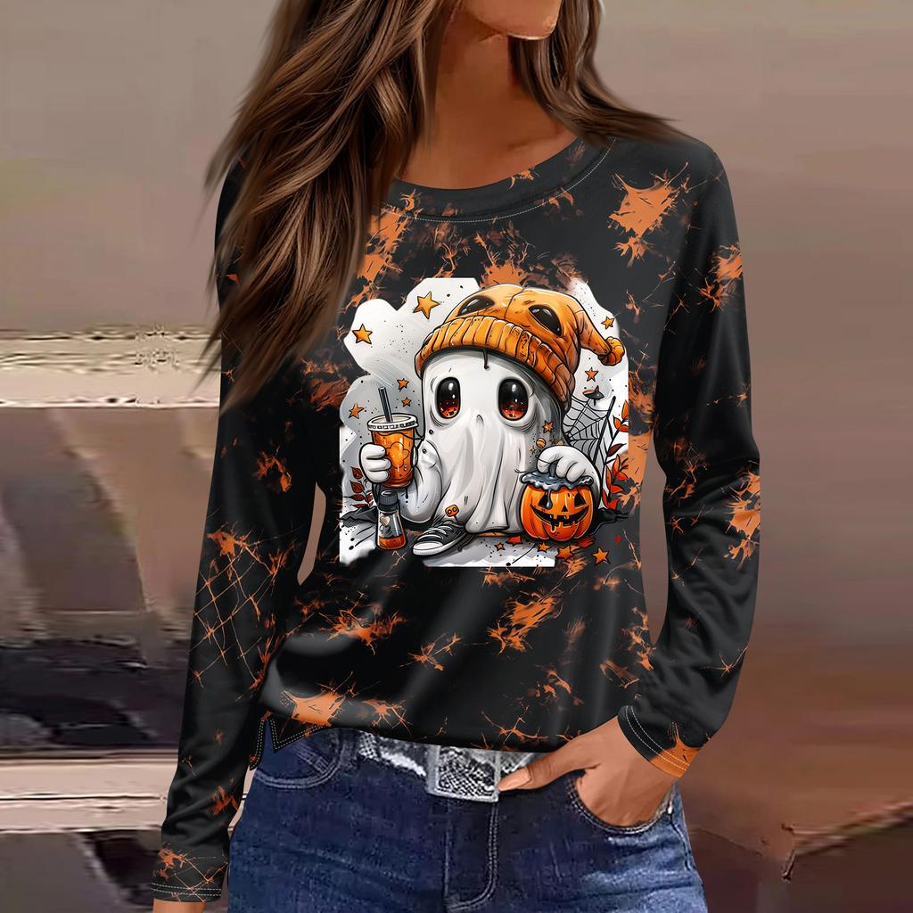 Women's Fashion Long Sleeve Tunic Top with Halloween Print and Side Slits - Round Neck Blouse for Party