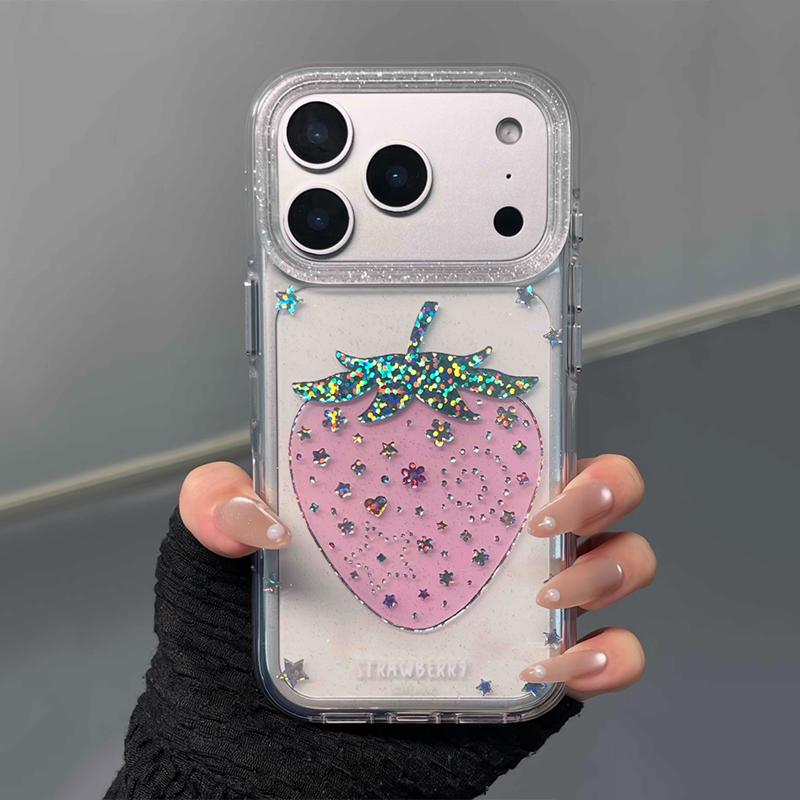 Glitter Shiny Pink Strawberry Hard Back Case For iPhone 13 14 15 16 17 Pro Max Ins Bling Stars Shockproof Phone Cover