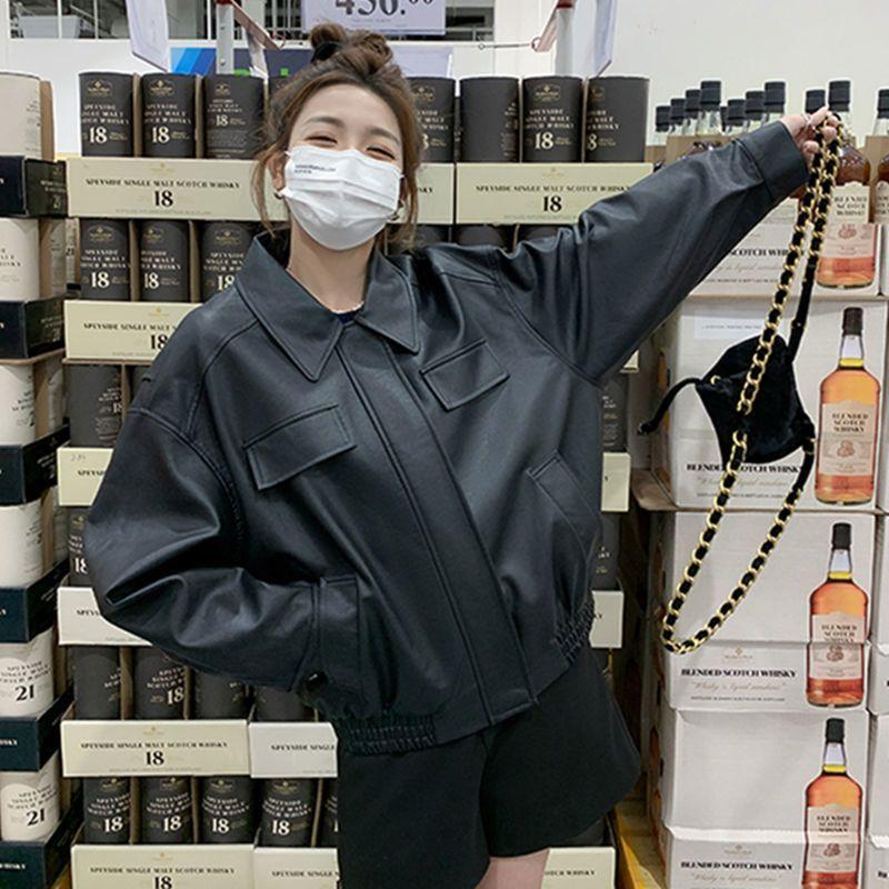 

Женская винтажная повседневная куртка из искусственной кожи на молнии, модная свободная однотонная куртка с отложным воротником и карманами на талии, женские куртки 2XL чёрный