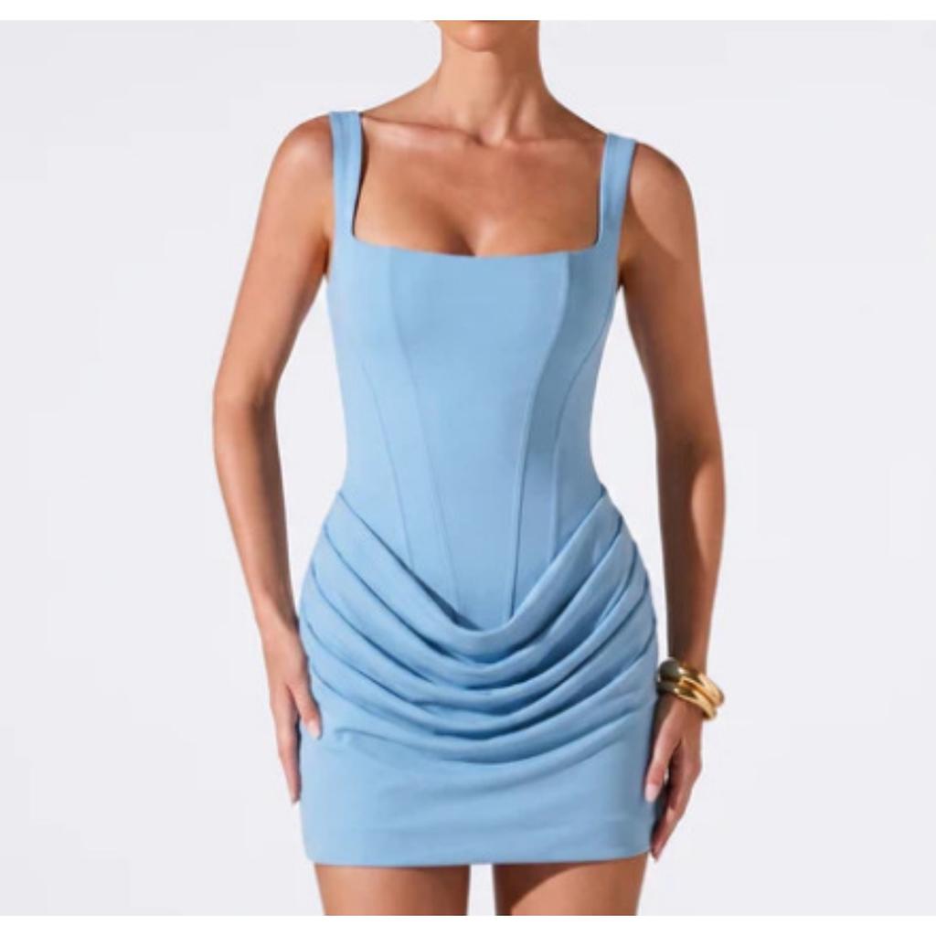 Nové Dámské Čtvercový Výstřih Bez Rukávů Vysoký Pas Zavazování Bodycon 3D Řasené Krátké Mini Zavinovací Bokové Šaty