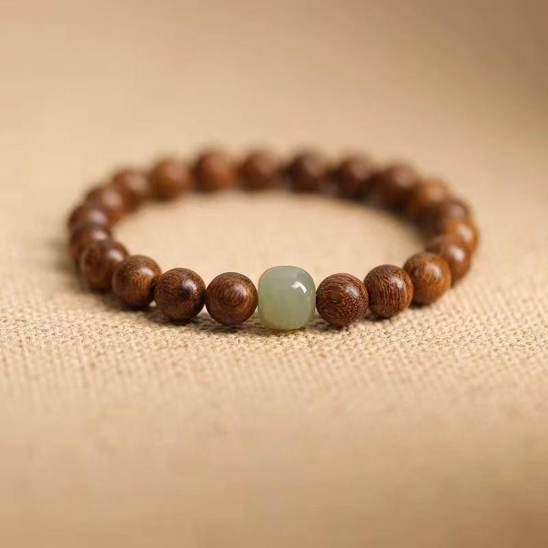 Unisex Sandalwood & Hetian Jade Bracelet with High-Density Wenge Wood & Golden Star Beads