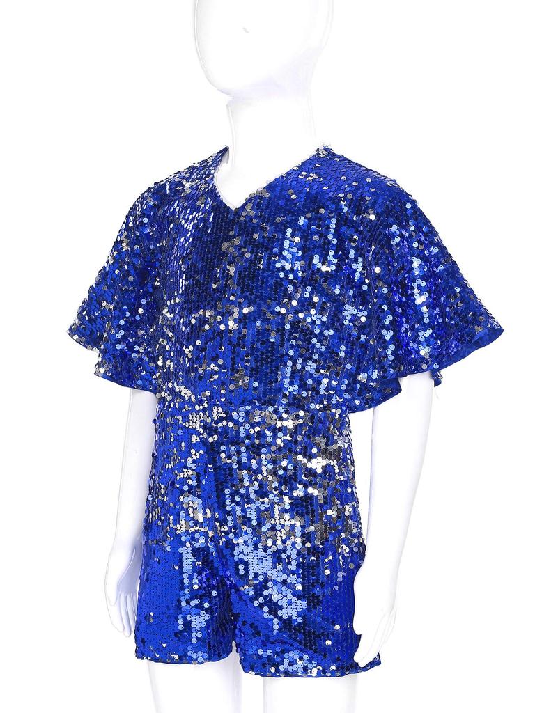 Complete Party-Ready Jumpsuit for Girls: Sparkling Sequins V-Neck Cap Sleeve Bodysuit, Perfect for Photos & Special Events