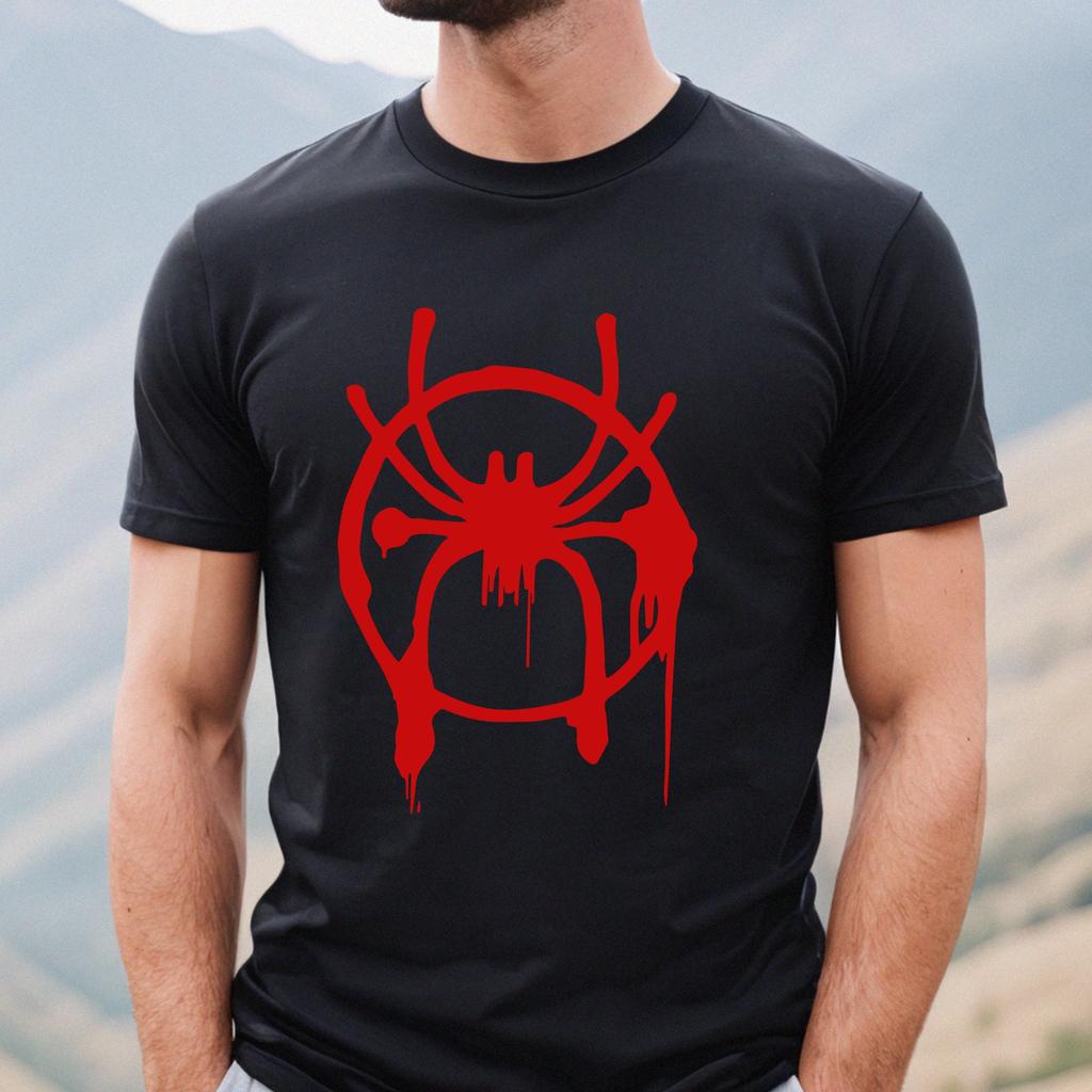 Camiseta Blanca de Manga Corta Unisex Algodón Puro con Logo de Araña Miles Morales Estampado de Araña Drip Superhéroe Ropa Casual Urbana