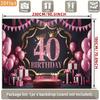 2D 40th Birthday Photography Backdrop Pink Black Background with Crown, Balloons and Cake