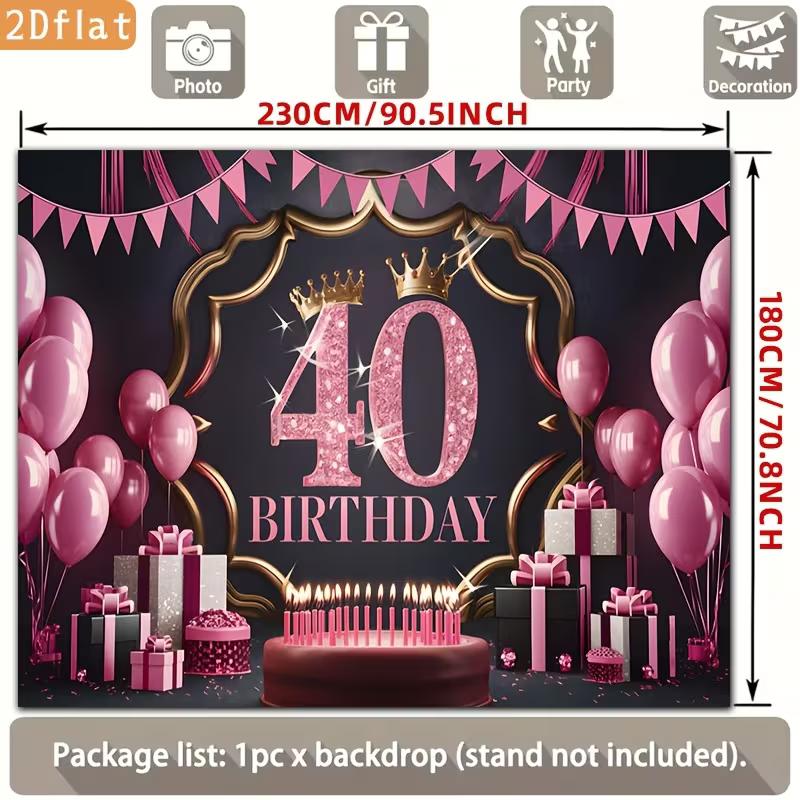 2D 40th Birthday Photography Backdrop Pink Black Background with Crown, Balloons and Cake